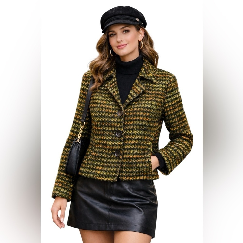 Bernardo Olive Green & Black Houndstooth Tweed Blazer